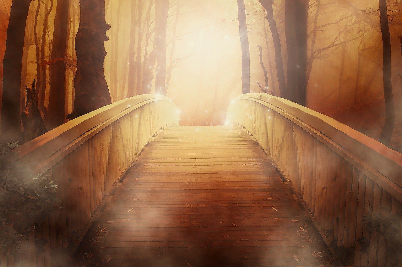 A painting of a bridge with the sun shining through