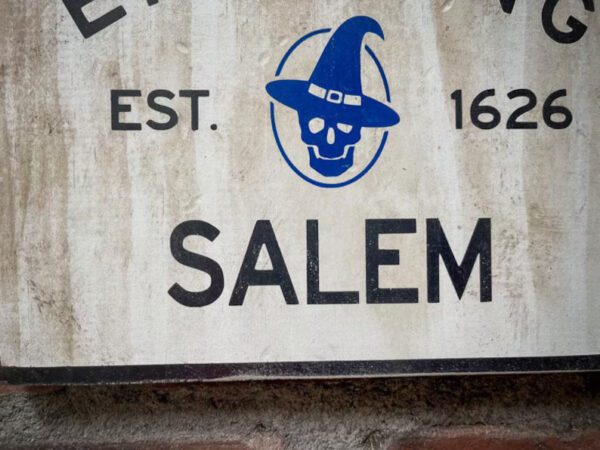 Salem, Est. 1626, skull in witch hat.