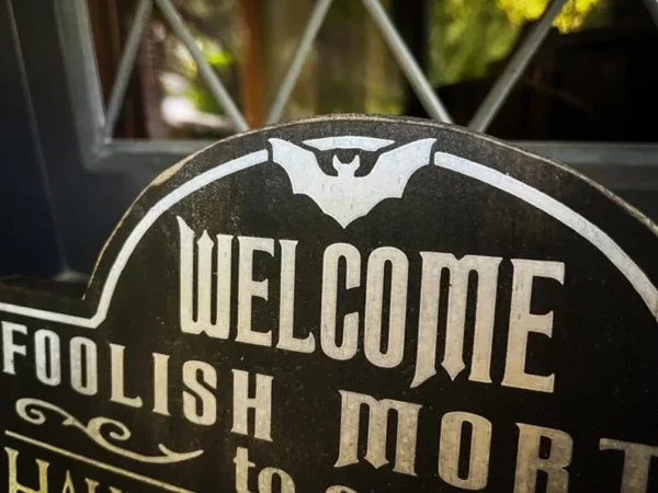 Halloween welcome sign with bat.