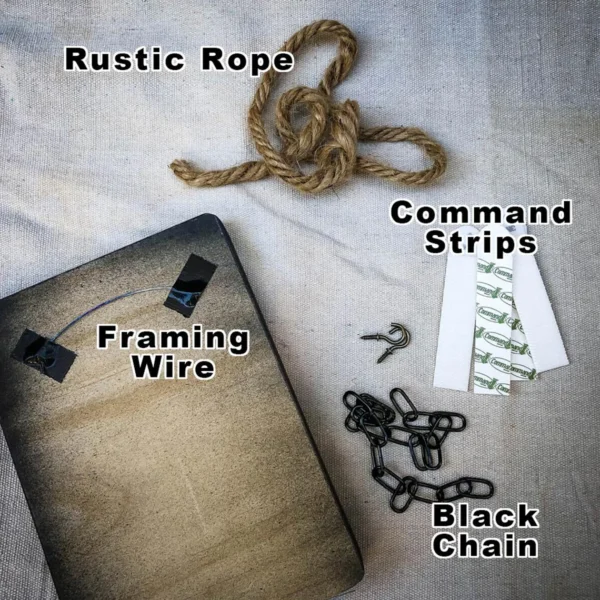 Here's an 8-word alt tag for the image: Hanging supplies: rope, wire, chain, command strips.