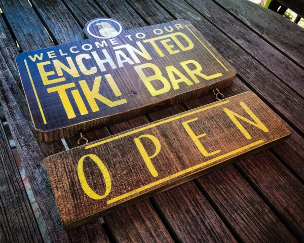 Enchanted Tiki Bar open sign.