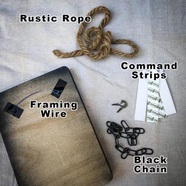 Here's an alt tag for the image: Wall hanging supplies: rope, chain, wire, strips.