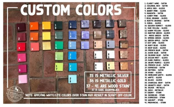 Custom paint and stain color chart.