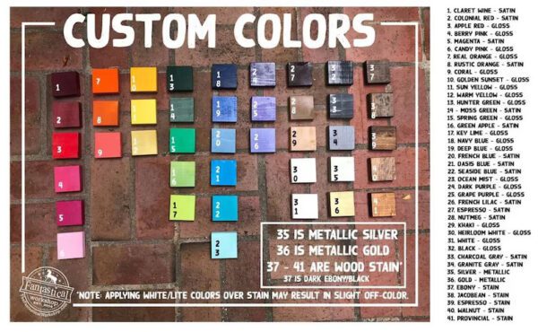 Custom paint color chart samples.