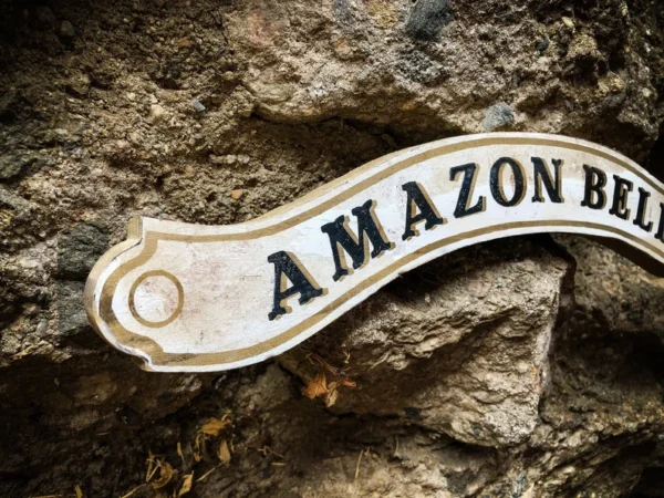 Amazon Bell sign on stone wall.