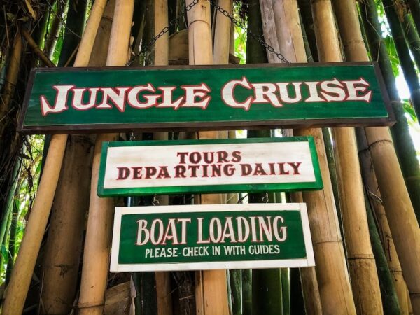 Jungle Cruise boat loading signs.