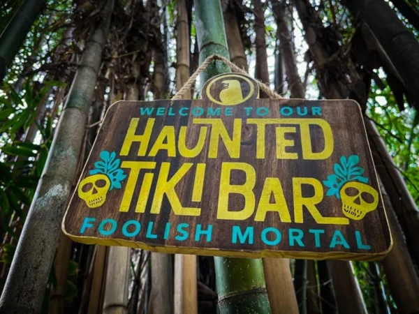 Haunted Tiki Bar sign: Welcome, mortals!