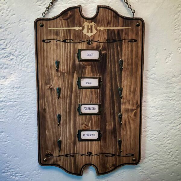 Wooden family key holder with names.