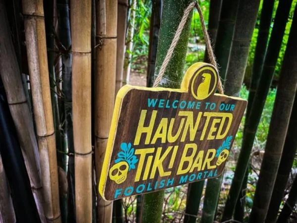 Haunted Tiki Bar sign in bamboo.