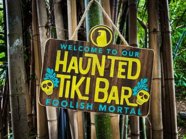 Haunted Tiki Bar sign: Enter if you dare.