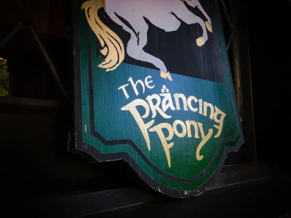 The Prancing Pony pub sign.