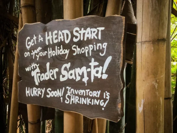 Here's an alt tag for the image: Trader Sam's holiday shopping, hurry!