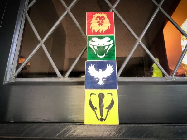 Stacked Hogwarts house crests.