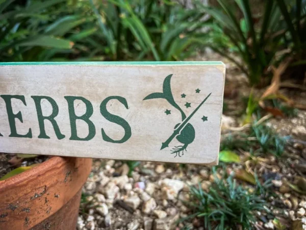 Herb garden sign with sprout design.