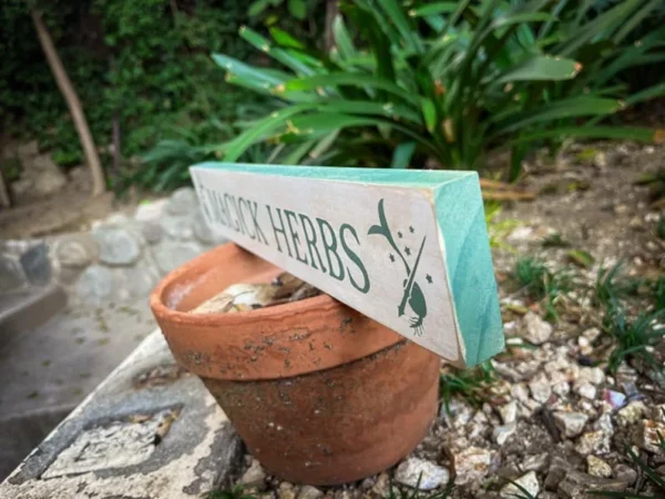 Here's an alt tag for the image: Magic herbs garden sign.