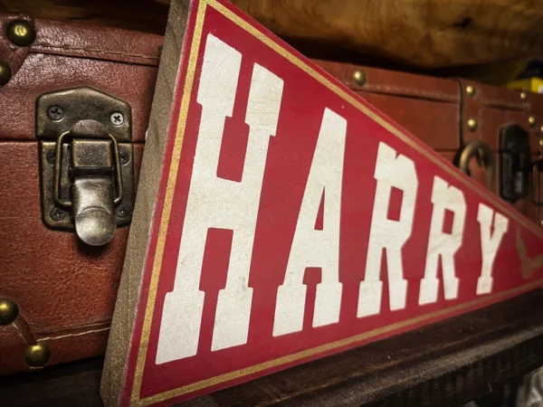 Red pennant sign: Harry's name.