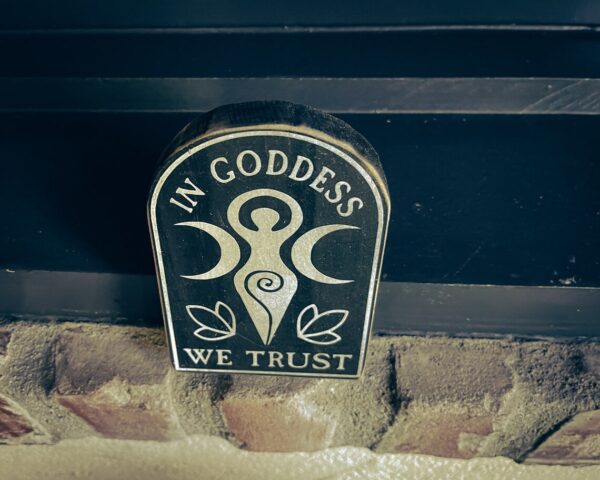 In Goddess We Trust, solid wood and paint sign, hand crafted, for witches, pagans, custom colors, text, rustic aging, unique, altar decor. - Image 4