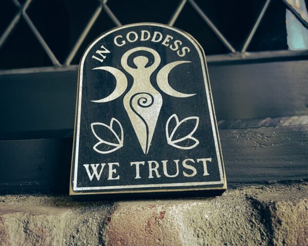 In Goddess We Trust, solid wood and paint sign, hand crafted, for witches, pagans, custom colors, text, rustic aging, unique, altar decor. - Image 5